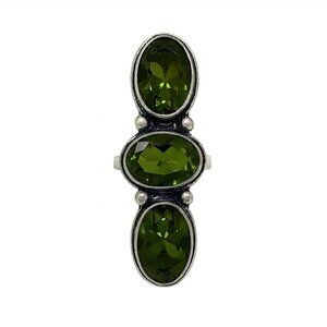 Genuine 3-Stone Peridot 925 Silver Ring - Size 7
